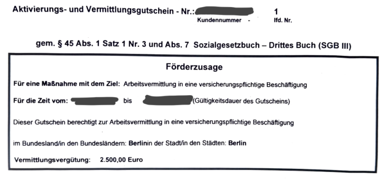 Example of an Aktivierungs- und Vermittlungsgutschein from the German employment agency with the goal placement into a job with social insurance
