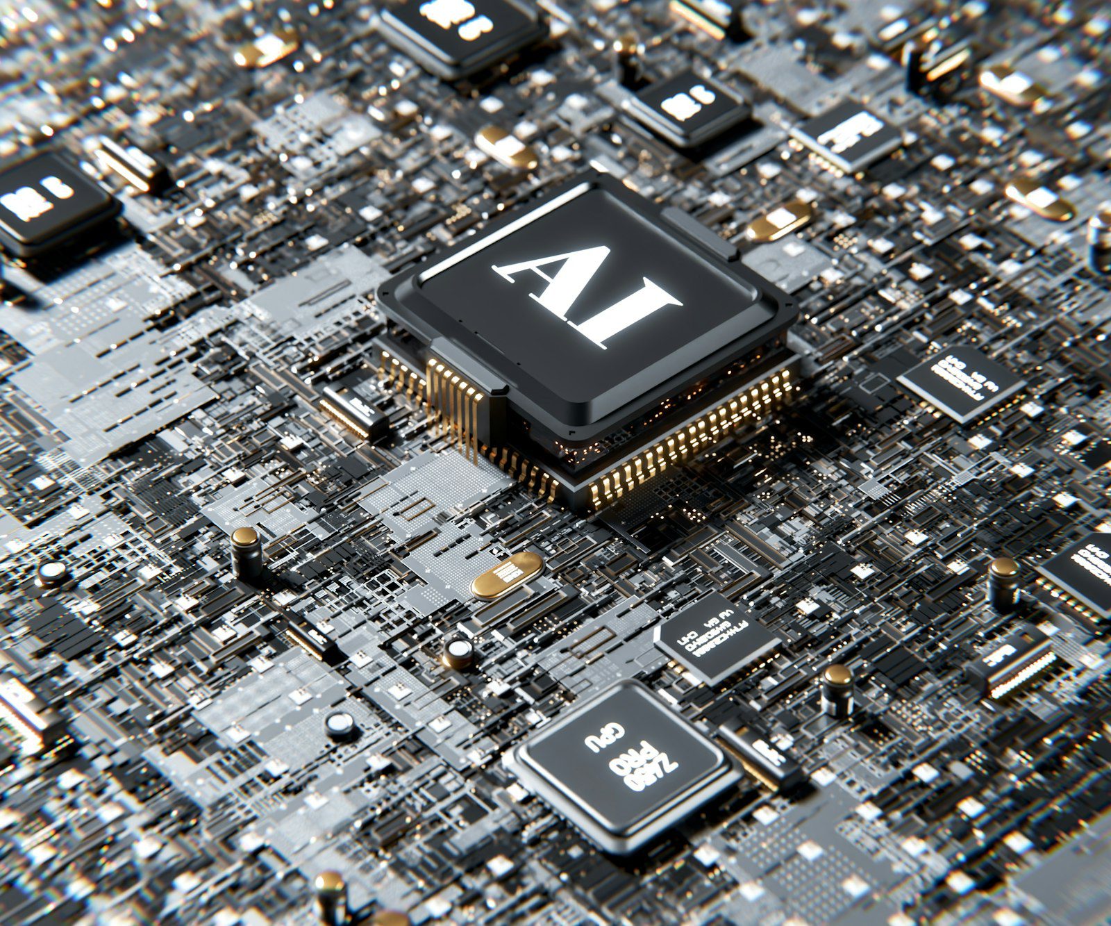 Close-up of a computer chip labeled AI on a circuit board